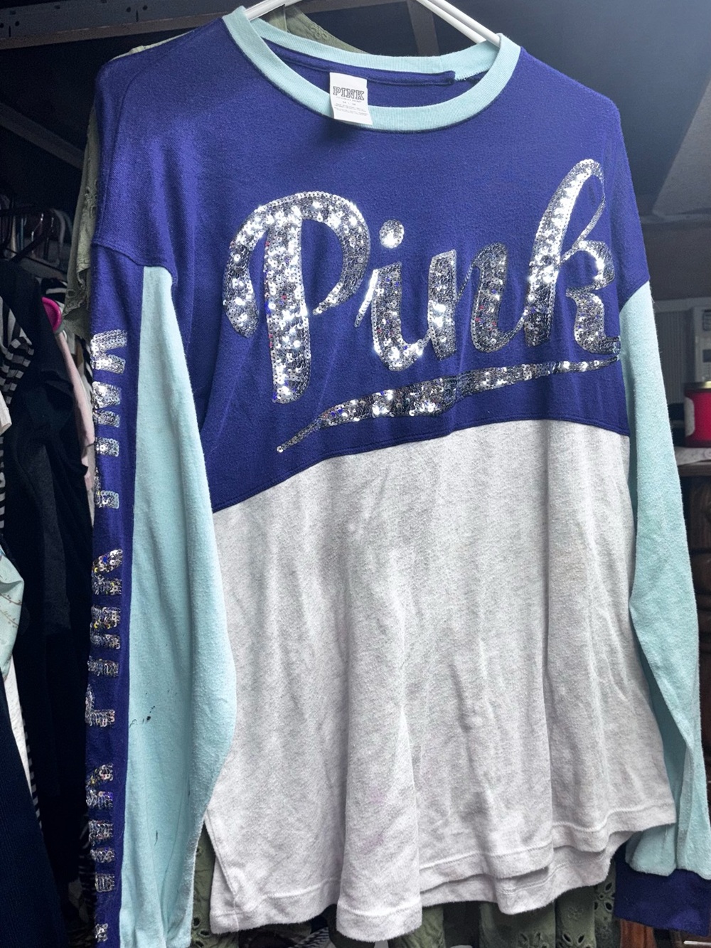 PINK Victoria's Secret Blue, Light Blue & Gray Sequin Logo Long Sleeve Tee